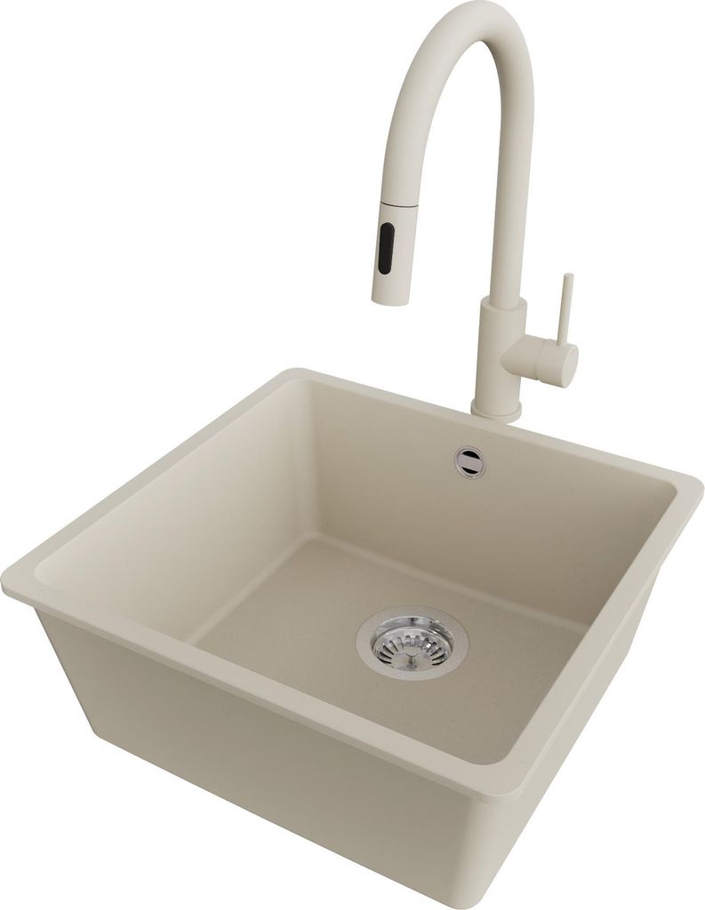 PRIMAGRAN Granitspüle Beige 46x44cm, Spülbecken 1 Becken + Küchenarmatur 40x20cm + Ablauf-Set, Küchenspüle ab 50er Unterschrank - Venedig Slim...