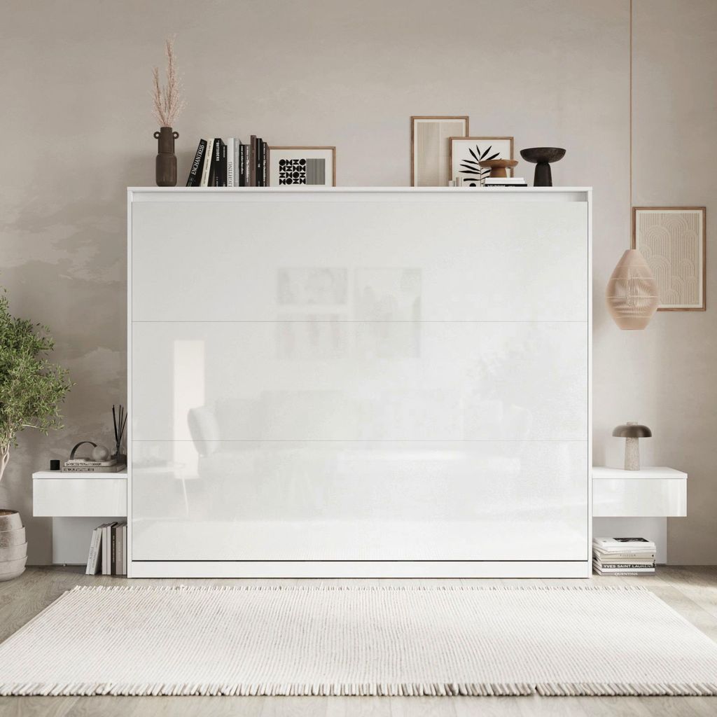 SMARTBett Schrankbett Set 160 Horizontal CLASSIC mit 2 Nachtkonsolen Weiss Hochglanz