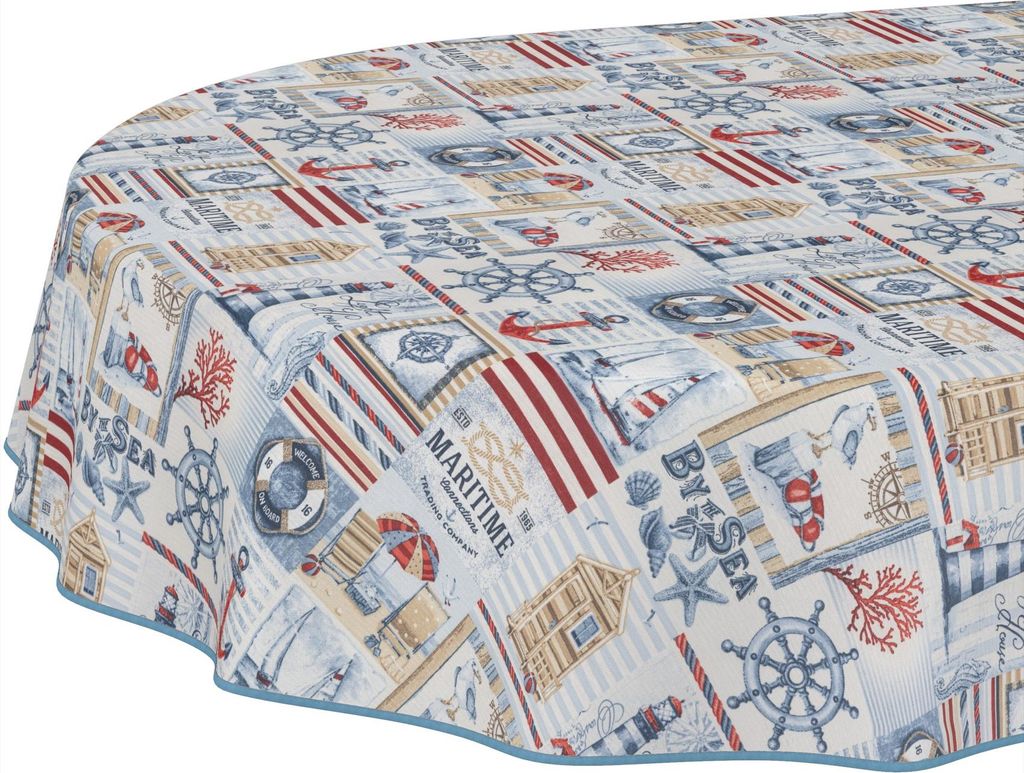 Tischdecke Patchwork Maritim Rot Oval 220x140cm Band Wasserabweisend abwaschbar
