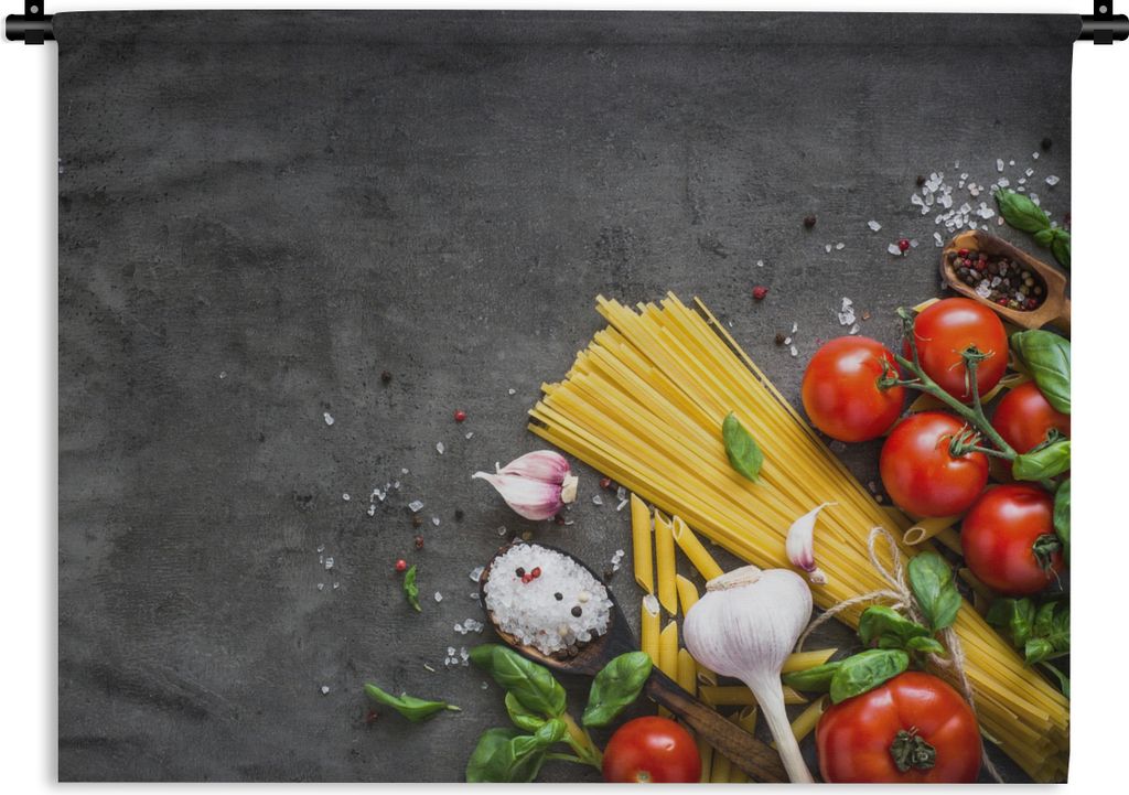 MuchoWow Wandteppich Wandbehang Nudeln - Kräuter - Tomate - Gewürze - Rustikal 60x45 cm Tapisserie Dekoration Wandtuch - Das Schlafzimmer