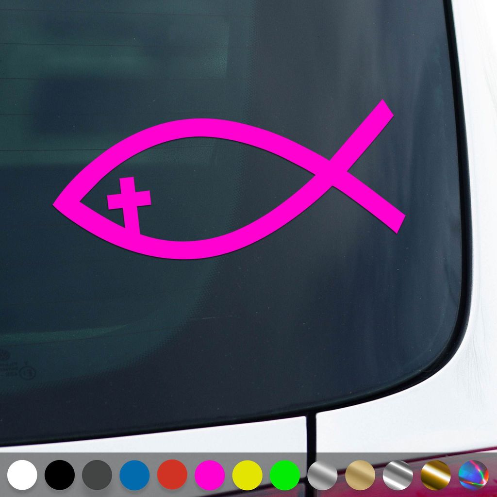 PantherPixel Ichthys Aufkleber Fisch Jesus Christus Kirche Sticker Auto Geschenkidee Farbe Neon-Pink