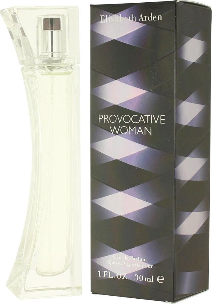 A bottle of Elizabeth Arden Provocative Woman eau de Parfum for women and its packaging are displayed side-by-side against a white background.