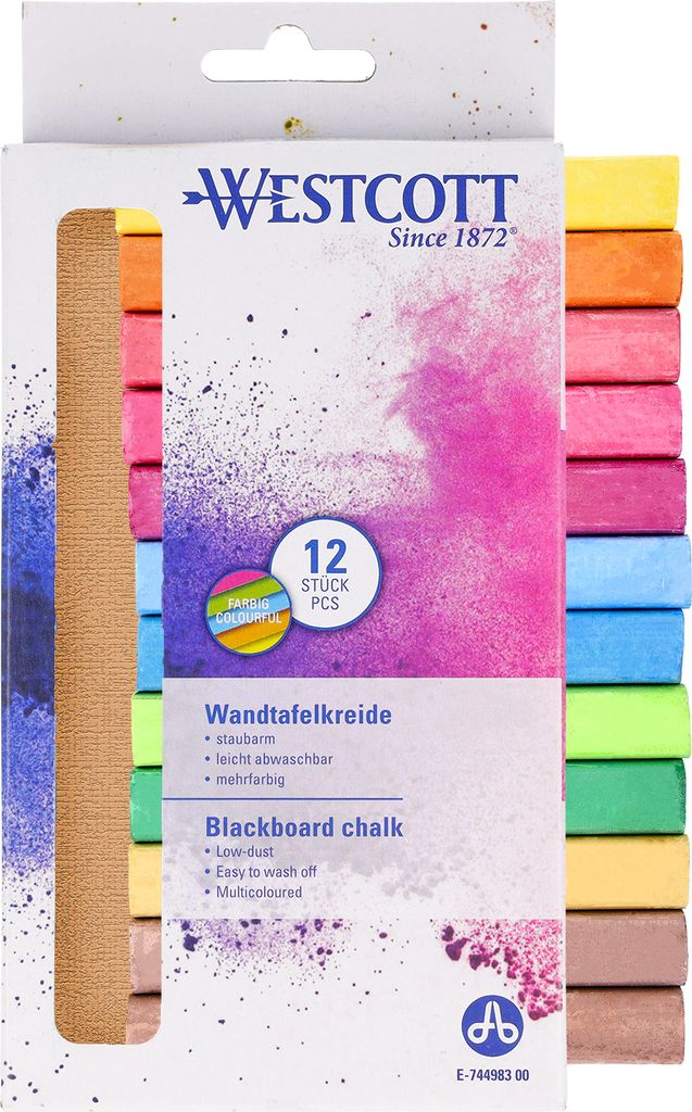Westcott Kreide 12 Stück Bunt | 12er Pack Tafelkreide mit 1,2cm in leuchtenden Farben | staubarm & leicht abwischbar | 8,5cm lange Kreidestift...