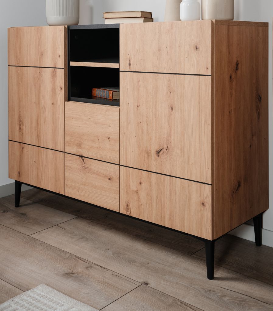 Kommode "Liam" in Artisan Eiche und schwarz Sideboard 120 x 90 cm