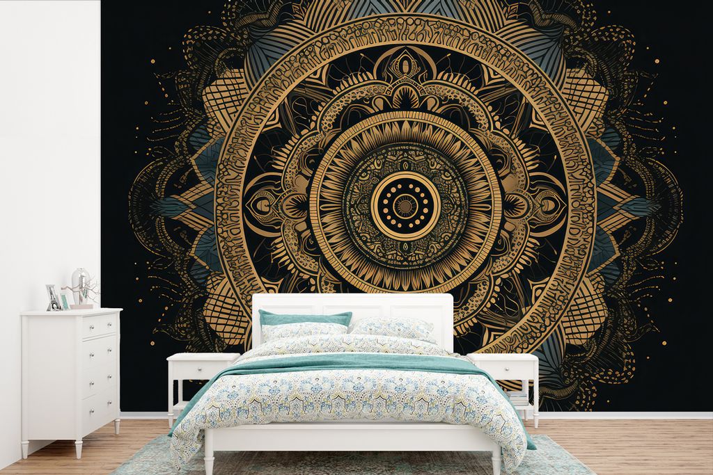 MuchoWow Fototapete für Wohnzimmer oder Schlafzimmer Wandtapete Vinyl Motivtapete Mandala - Gold - Bohème - Luxus - 600x400 cm - Vinyltapeten
