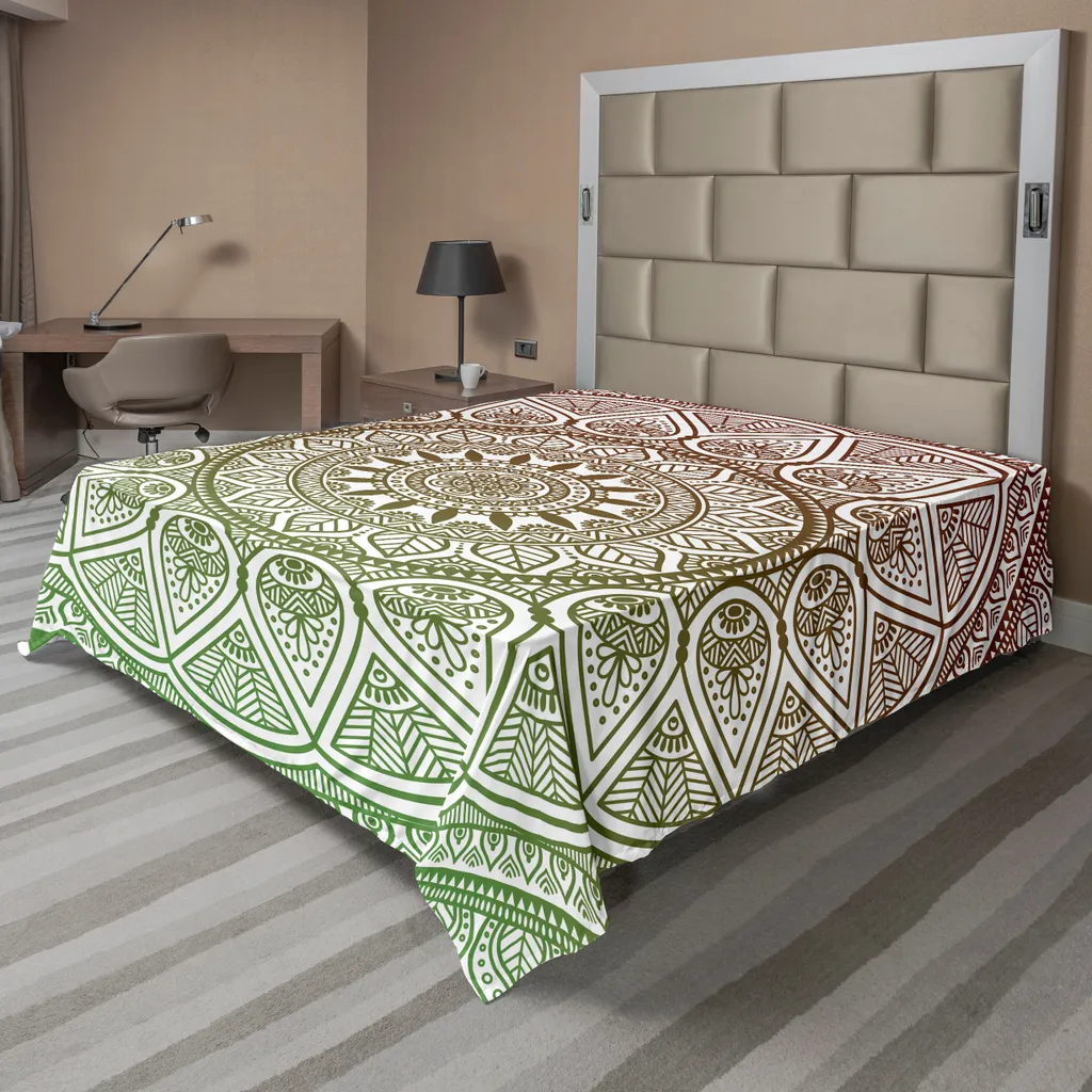 ABAKUHAUS Lenzuolo medaglione, disegno stampato con motivi geometrici astratti e motivi etnici a foglie, lenzuolo morbido e confortevole per un letto decorativo 1 pezzo 275 cm x 260 cm, bordeaux e verde