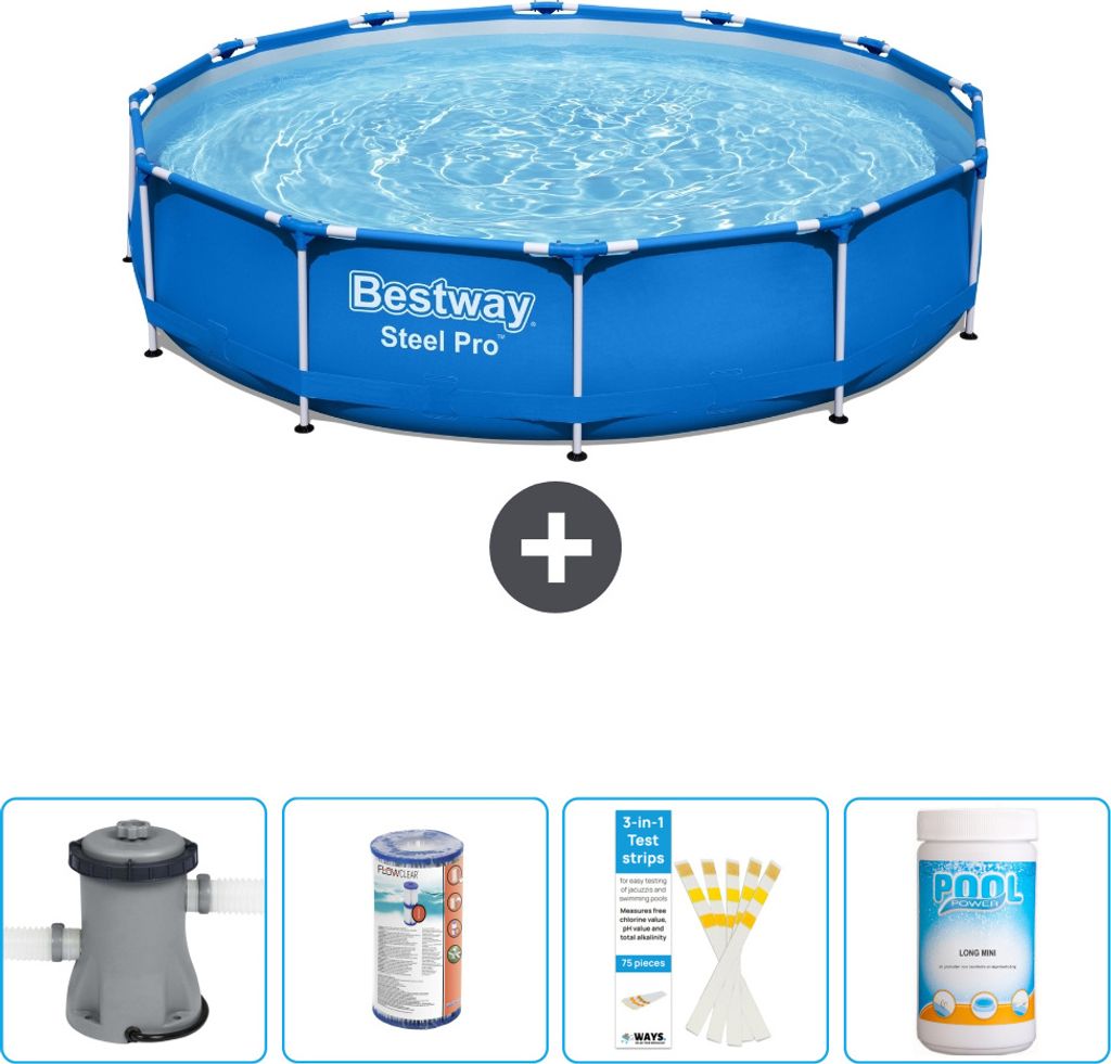 Bestway Round Steel Pro Swimmingpool – 366 x 76 cm – Blau – inklusive Pumpe Filter - Teststreifen - Chlor