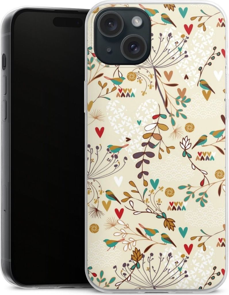 DeinDesign Slim Hülle für Apple iPhone 15 Plus Silikon Case Ultra Dünn Handyhülle Blumen Retro Vogel