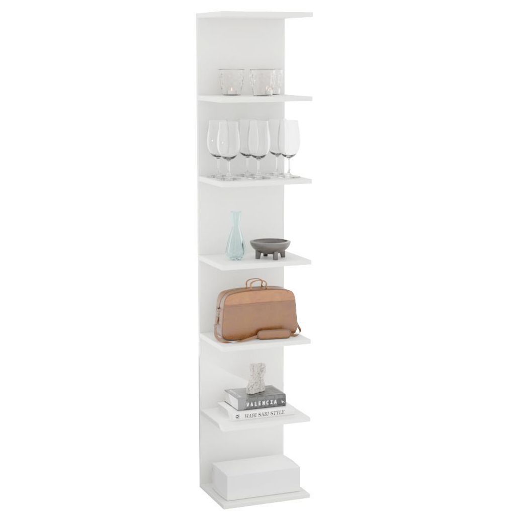 A white, modern, vertical shelf unit with various items displayed on its shelves.