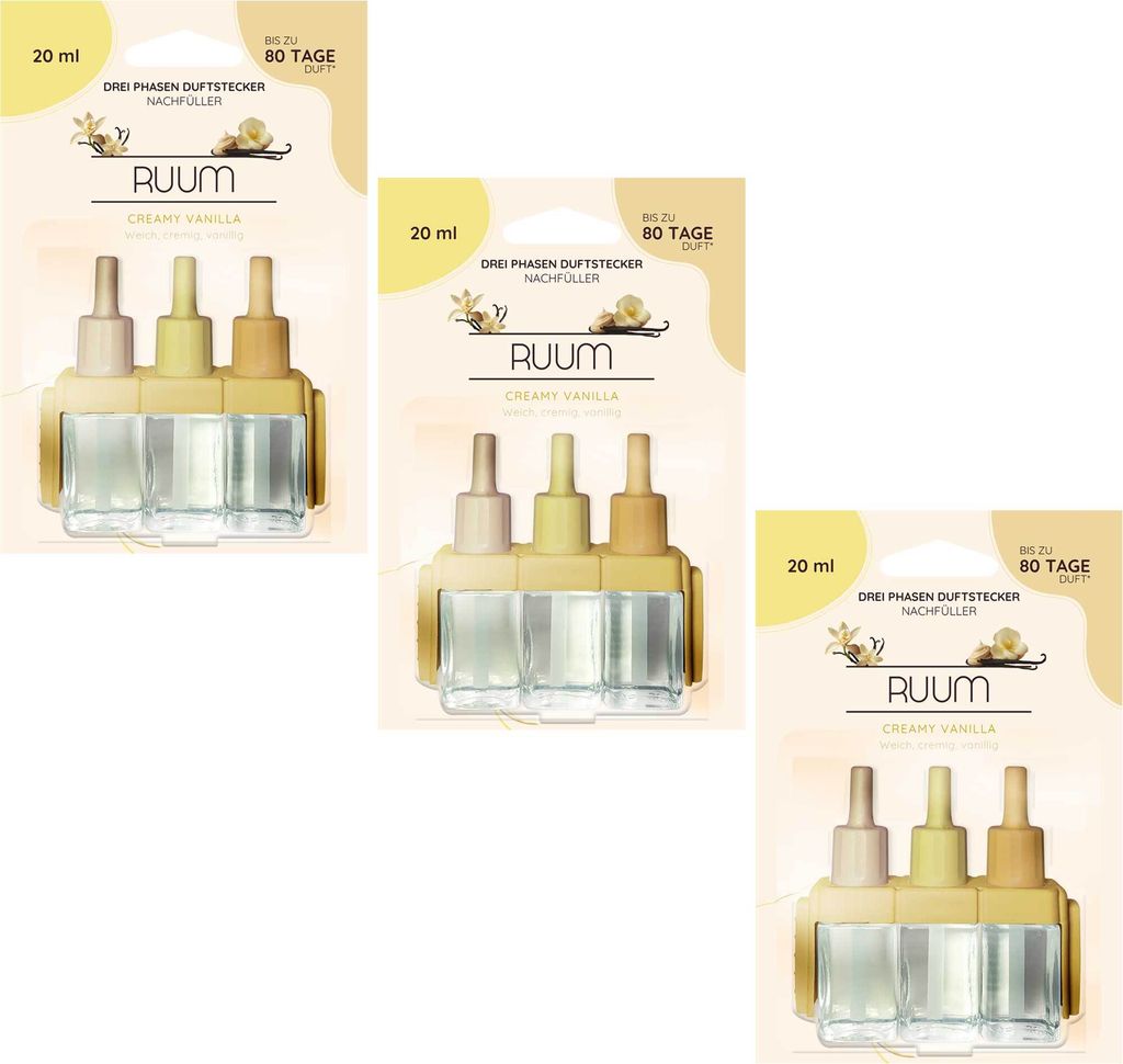 Ruum Nachfüllflakons für 3-Phasen Duftstecker Lufterfrischer (3er Pack) 20ml Creamy Vanilla