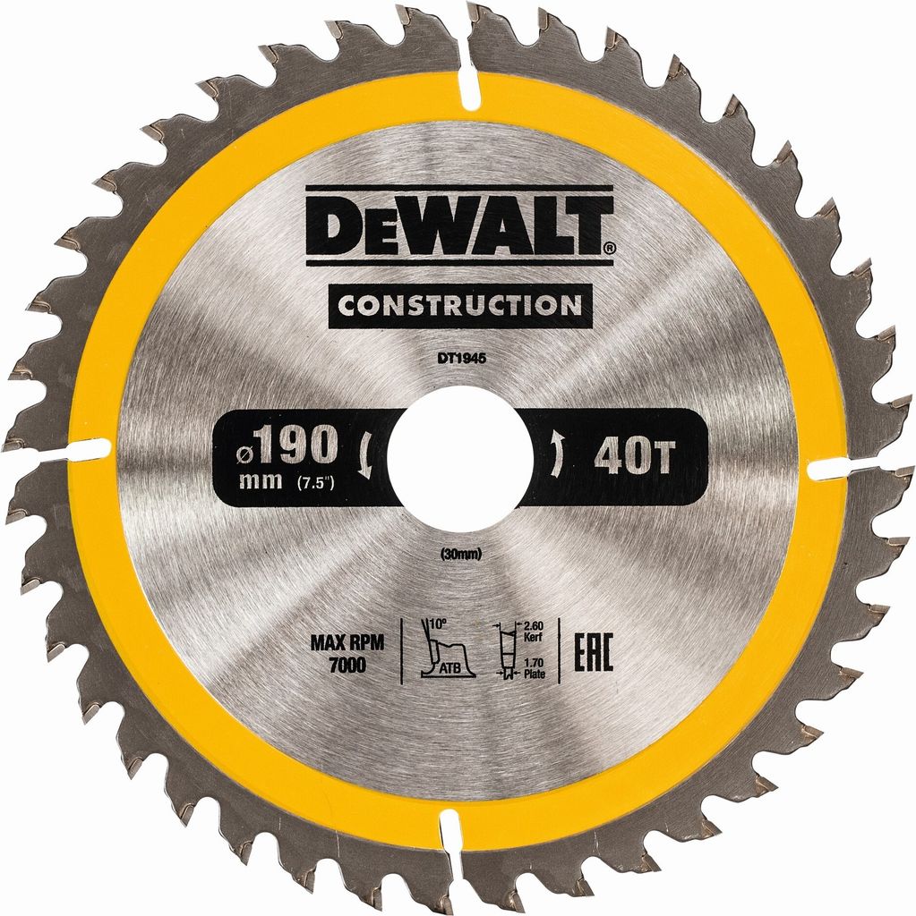 Dewalt DT1945-QZ Kreissägeblatt 190 x 30 mm, 40 Zähne, genageltes Holz