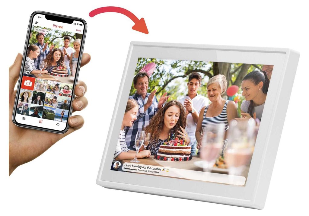 A hand holding a smartphone displaying photos, with an arrow pointing to a digital photo frame displaying a similar image of a birthday celebration.