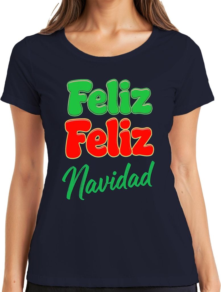 Feliz Feliz Navidad spanischer Weihnachtsgruß Retro Bunt Lustig Damen T-Shirt, Navy, XL