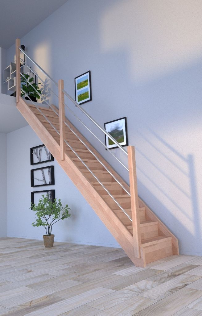 Holztreppe Mykonos Gerade-Buche-Holz-Edelstahl Geländer-links-mit Setzstufen