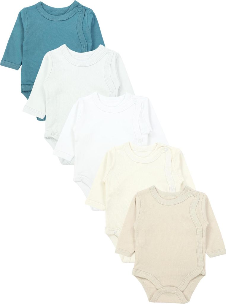 TupTam Wickelbody Langarm Baby Body – Unisex Body Baby im 5er Set aus Baumwolle, Farbe: Beige_Grau_Blau, Größe: 74