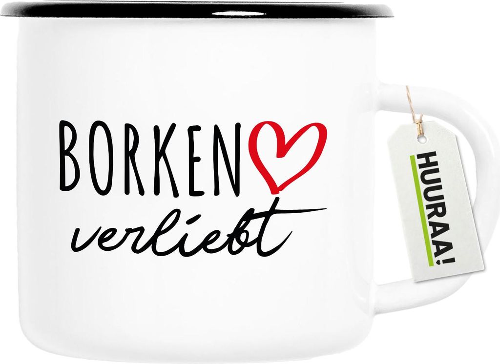 Huuraa Emaille Tasse Borken verliebt 300ml Vintage Campingbecher Geschenkidee