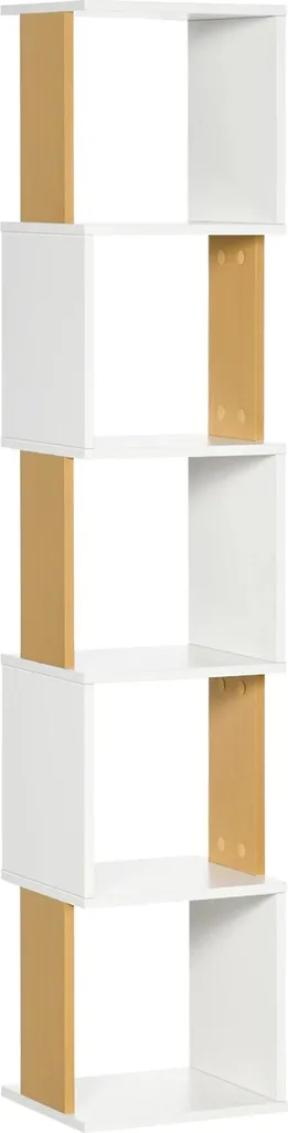 Bibliothèque 5 niveaux en bois mélaminé blanc, structure stable en S
