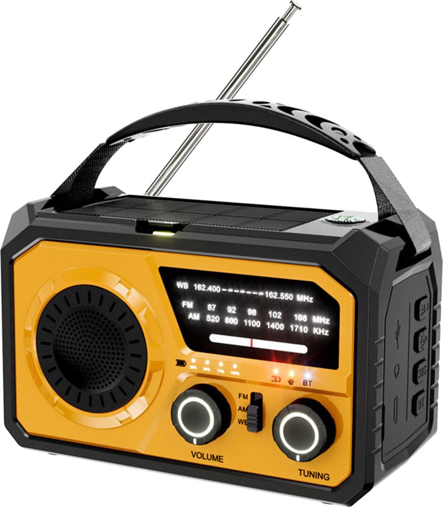 A yellow and black portable emergency radio with a solar panel on top and an extendable antenna.