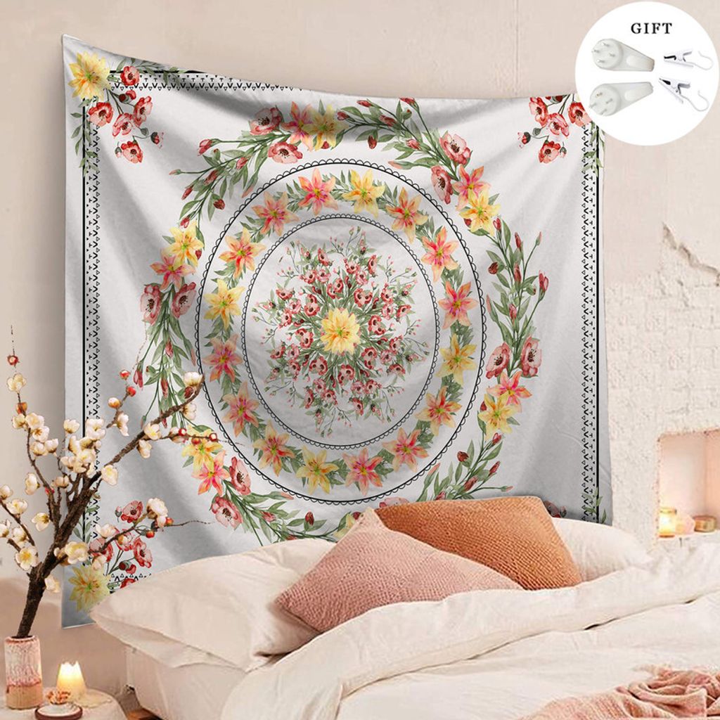 Tapestry Wall Hanging Bohemian, Zodight Mandala Floral Medallion Hippie Tapestry with White Aesthetic Wreath Design,Bunt Kranz/150X130CM
