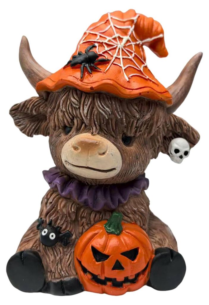 1/2 Stück Halloween-Hochlandrind-Figur Kürbisschädel Hochlandrind-Statue Harzskulptur Feiertags-Partydekoration Ornament A