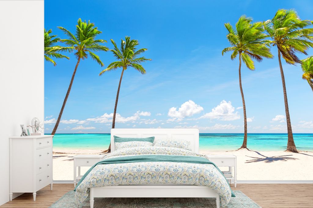 MuchoWow Fototapete für Wohnzimmer oder Schlafzimmer Wandtapete Vinyl Motivtapete Palme - Strand - Schatten - Sommer - 390x260 cm - Papiertapete