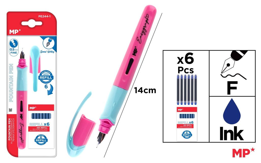 Vulpen, 0,5 mm, roze, met 10 blauwe inktpatronen Productafbeelding 
