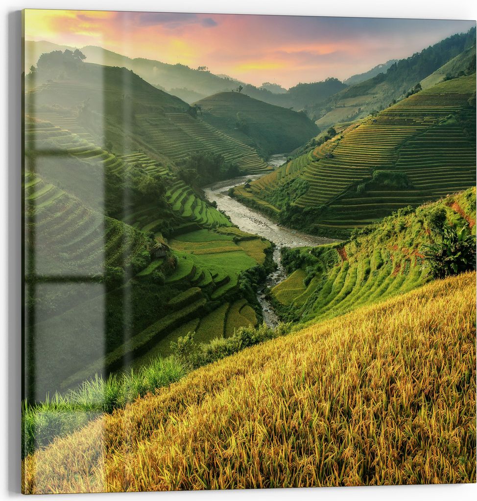 DEQORI Magnettafel Glas 30x30 cm 'Glänzende Terrassenfelder' beschreibbar Whiteboard Küche