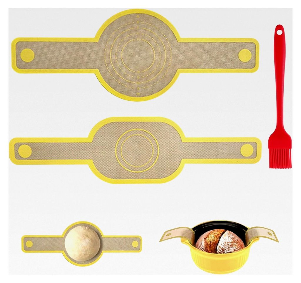 Silikon Backmatte für Dutch Oven, 2 Brotschlingen mit 1 Silikonpinsel, Antihaftbeschichtet, Wiederverwendbare Backmatte für Brot und Kekse