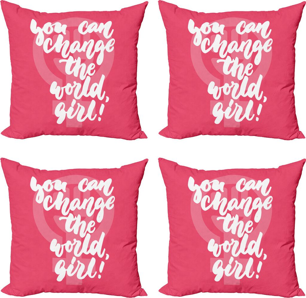 ABAKUHAUS Sprichwort Kissenbezug Set (4 Stück), Mädchen Änderung der Welt, Moderner Doppelseitiger Digitaldruck, 40 cm x 40 cm, Hot Pink Koralle...
