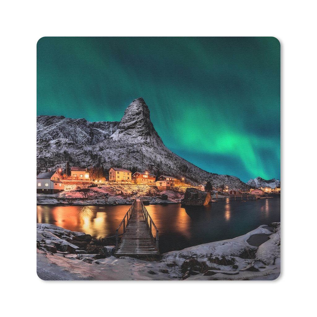 MuchoWow Mauspad Mousepad Nordlicht - Island - Schnee - Dorf - Grün - Berge 30x30 cm - Mousepads - Maus Mat - Pad - Mausunterlage - Gaming