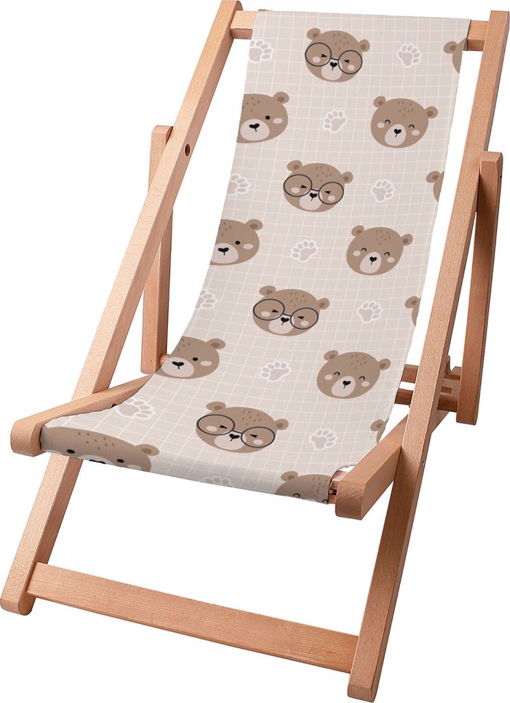 Dreamroots Kinder Liegestuhl klappbar Holz bis zu 130 kg, Sonnenliege klappbar mit 3-stufiger Neigungsregulierung der Rückenlehne, Cute Bear