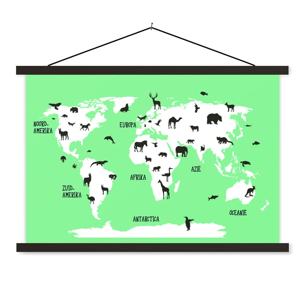 MuchoWow Textilposter Weltkarte Kinder - Tiere - Mintgrün 60x40 cm mit schwarzem Rahmen - Hölzernes
