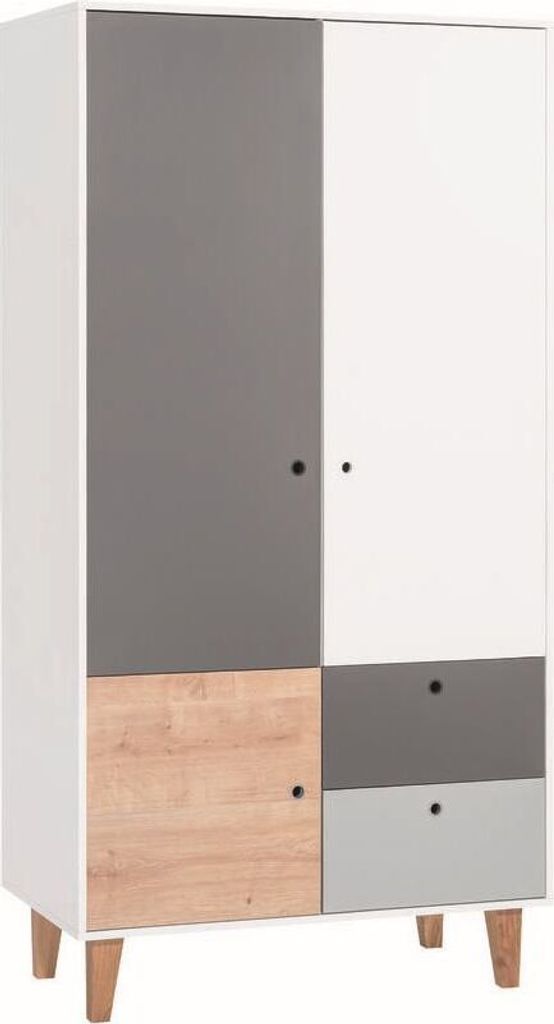 Jugendzimmer - Drehtürenschrank / Kleiderschrank Syrina 04, Farbe: Weiß / Grau / Eiche - Abmessungen: 202 x 104 x 55 cm (H x B x T)