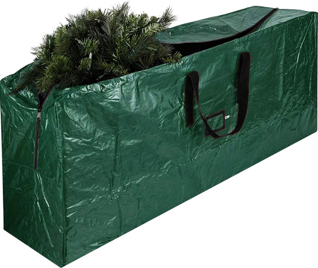 A green storage bag for a Christmas tree.
