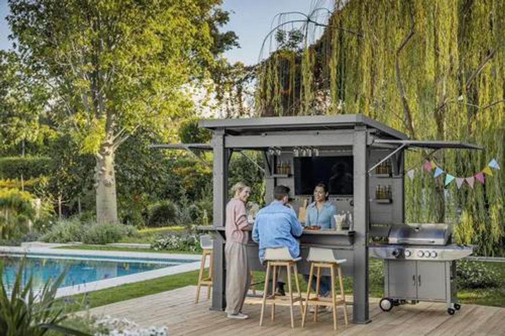 Grillpavillon, Gartenbar Keter Bar BBQ Gazebo inkl. Rückwand, Seitenklappwände, Front Bar-Element, Weinglashalter Vorric