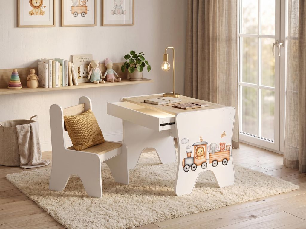 Schreibtisch Set für Kinder Artisan Eiche | Inkl. Kinderstuhl Schublade | Lernplatz Komplett-Set für Jungen & Mädchen, Tieraufkleber