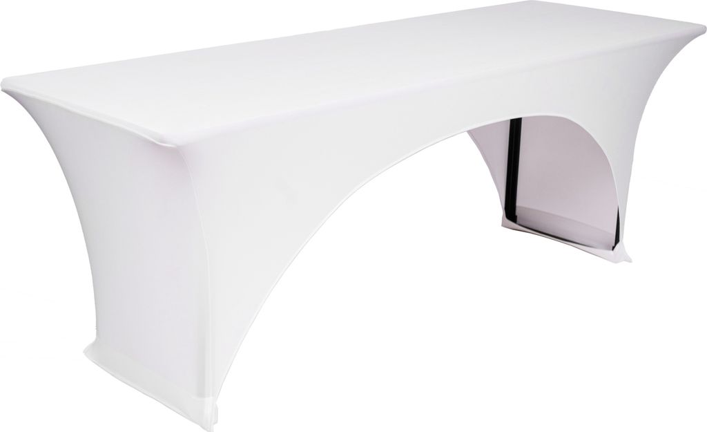 A white stretch tablecloth is draped over a long, narrow table, creating a sleek and modern look.