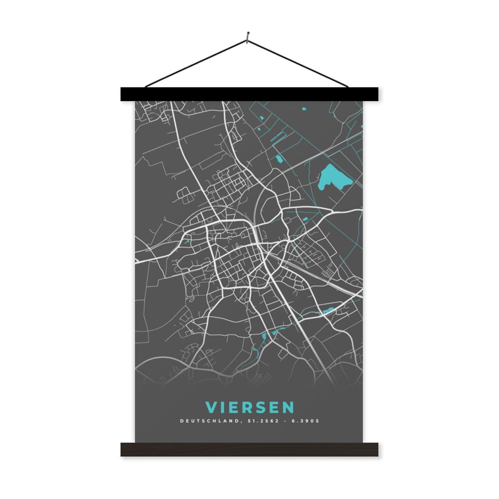 MuchoWow Textilposter Stadtplan - Deutschland - Blau - Viersen - Karte 120x180 cm mit schwarzem Rahmen - Fotos