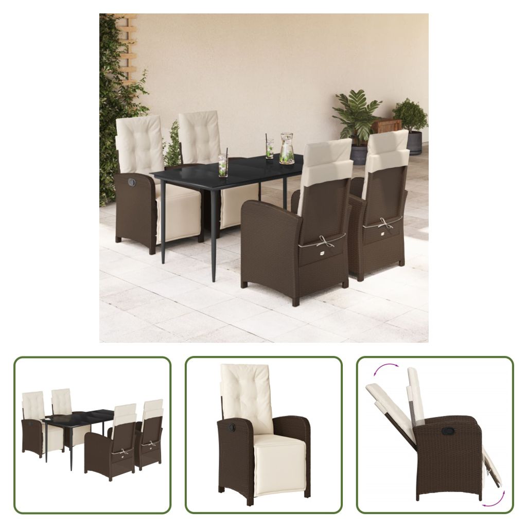 The Living Store 5-tlg. Garten-Essgruppe mit Kissen Braun Poly Rattan