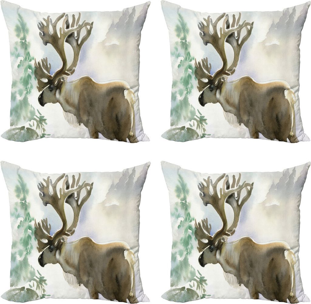ABAKUHAUS Geweih Kissenbezug Set (4 Stück), Winter Forest Farbe Stil, Moderner Doppelseitiger Digitaldruck, 40 cm x 40 cm, beige Grün