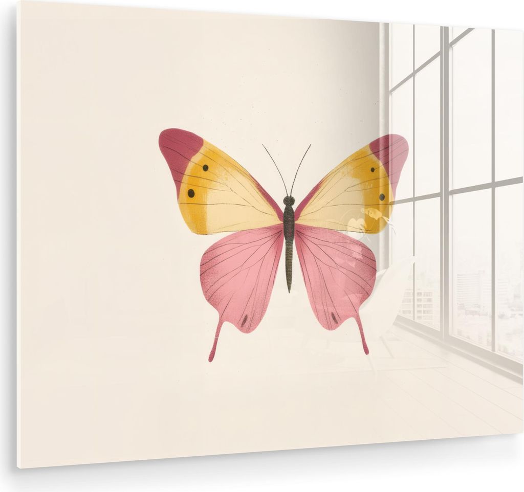 MuchoWow Glasbilder - Bilder auf Wandbild - Foto auf Glas Schmetterling - Illustration - Rosa 40x30 cm Wanddekoration aus Glas - Acrylglasbild - Ac...