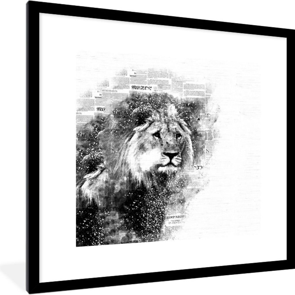 MuchoWow Gerahmtes Poster Löwe - Zeitung - Schwarz - Weiß 40x40 cm - Poster mit Schwarzem Bilderrahmen Wandposter Rahmen Foto Bilder - Poster -...