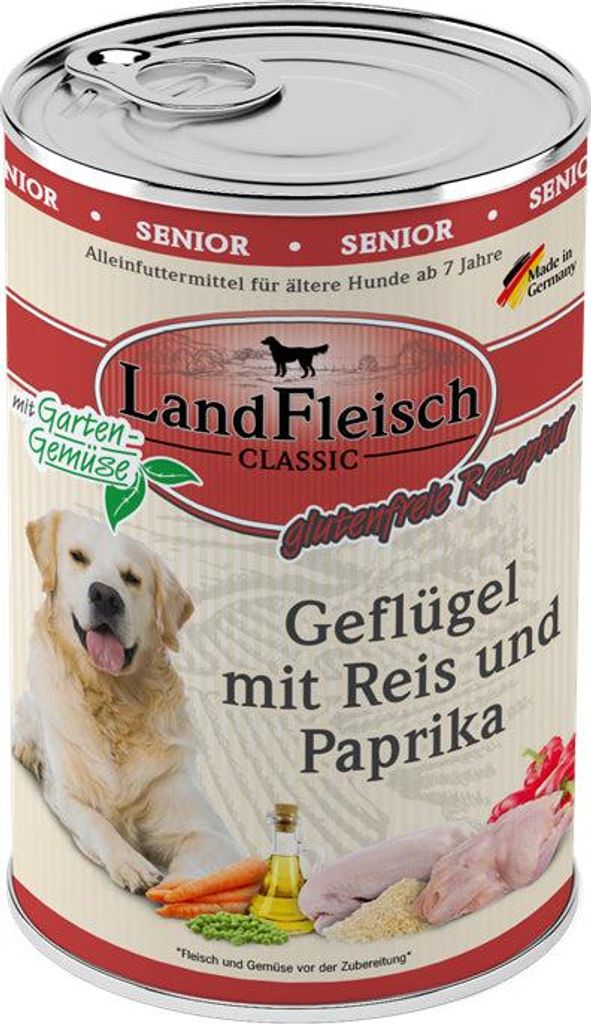Landfleisch Dog Classic Senior Geflügel mit Reis, Paprika & Produktbild 