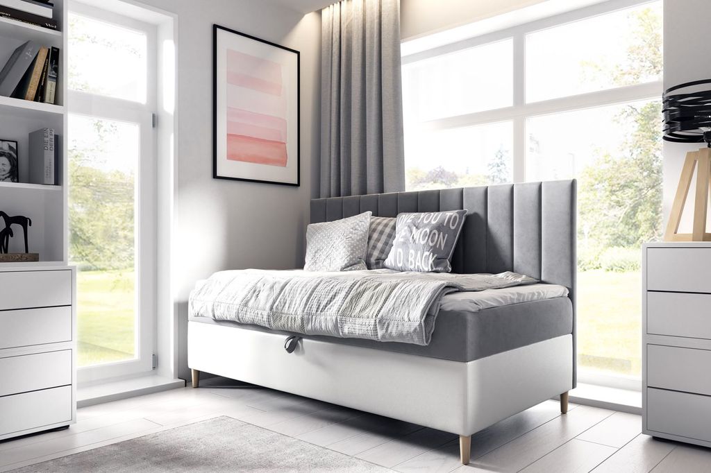 Kontinentales Bett 90x200 MIREN 2 – dunkelgrau/weiß, links zu öffnen + GRATIS Matratzenauflage