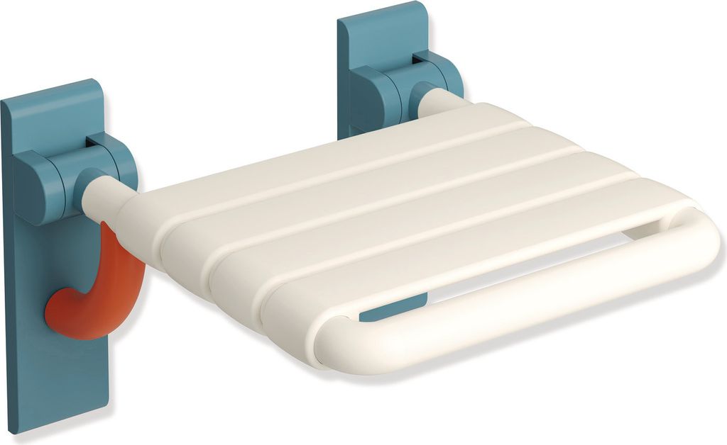 HEWI Klappsitz, Polyamid, matt, Sitzfläche Fb 99, Wandplatte Fb 55, Bogen Fb 36, Breite 378 mm, Tiefe 408 mm