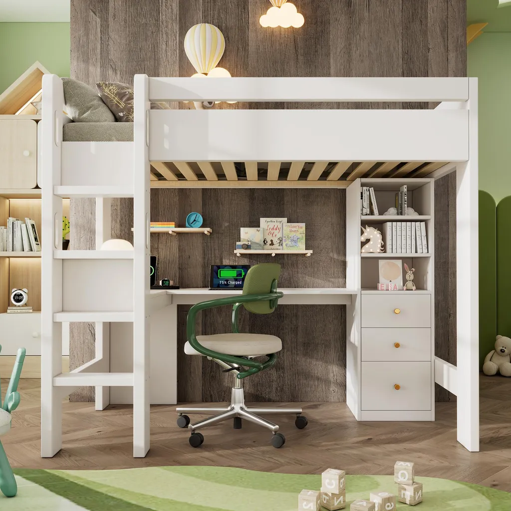 Lit mezzanine enfant 90x200 blanc avec bureau en L et tiroirs intégrés