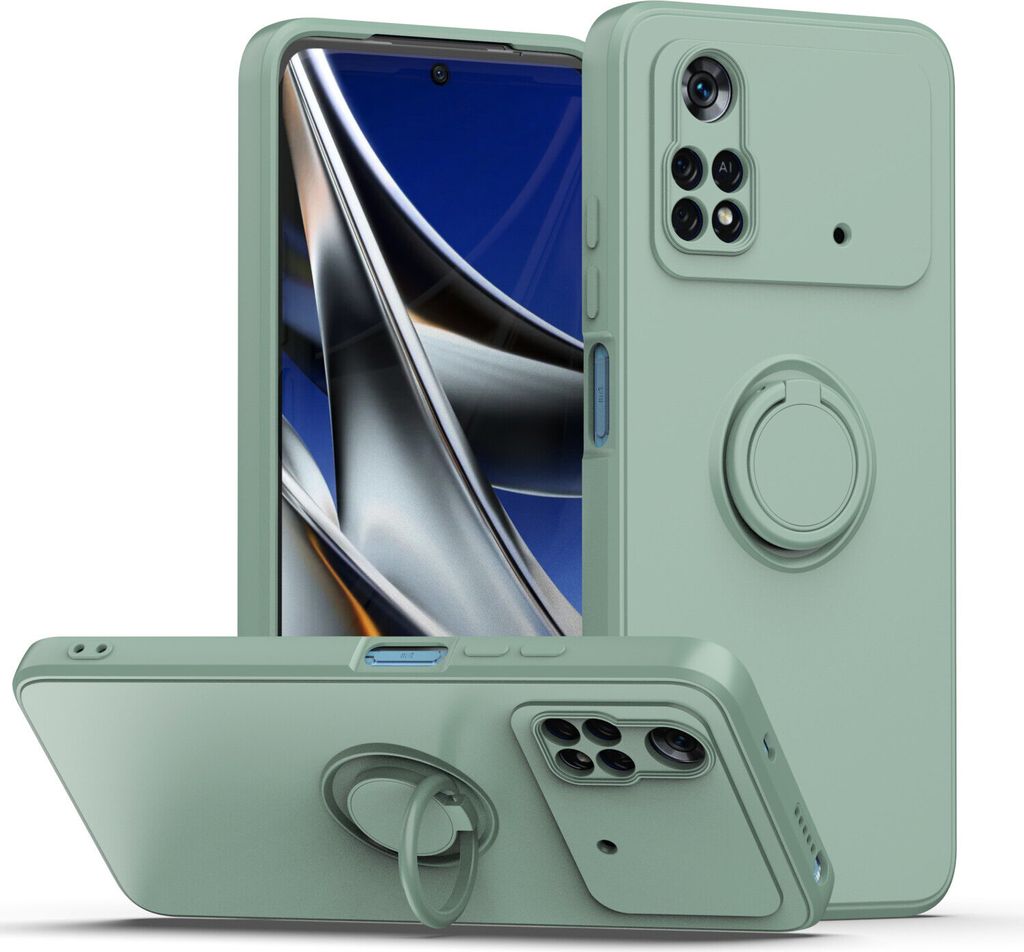 Xiaomi Poco M4 4G Handyhülle, Ring Halter Ständer Kratzfeste Weiche Silikon schutzhülle für Xiaomi Poco M4 4G hellgrün