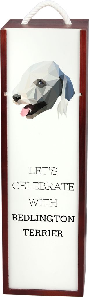Bedlington Terrier, Rothbury Terrier - geometrische Box mit einem Bild und Schriftzug für Wein der Marke Art-Dog