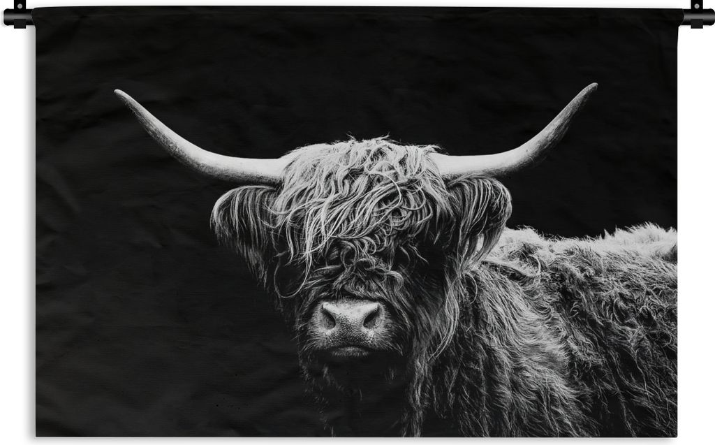 MuchoWow Wandteppich Wandbehang Schottischer Highlander - Kuh - Schwarz - Weiß - Tiere 120x80 cm Tapisserie Dekoration Wandtuch - Wanddekoration...