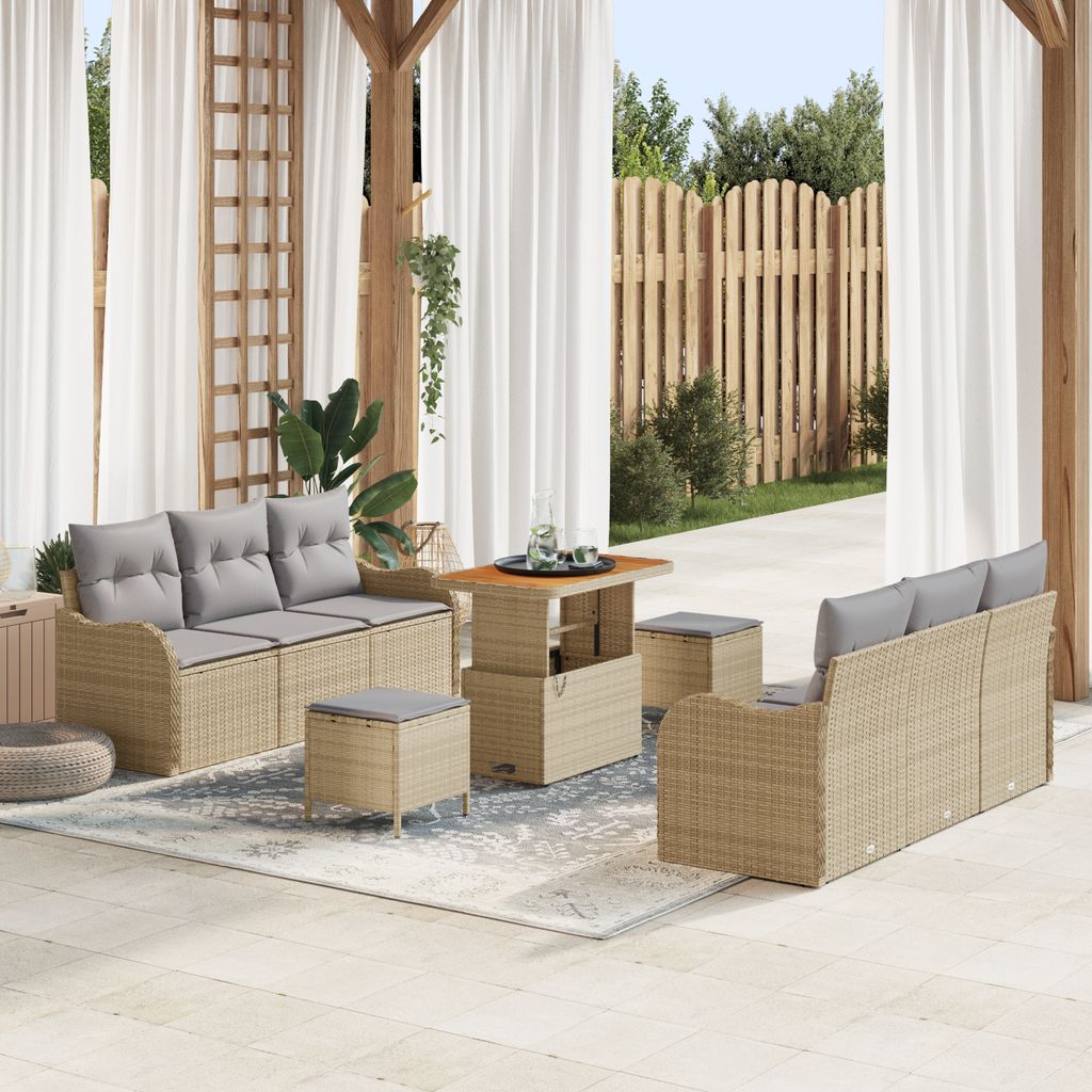 9 Teile Garten Sofaset mit Kissen Beige Poly Rattan Akazie, Gartensofas DesignMöbel Neu